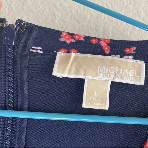 Michael Kors Border Print Faux Wrap Dress Navy Blue and Pink Floral Jersey Knit - Picture 8 of 9